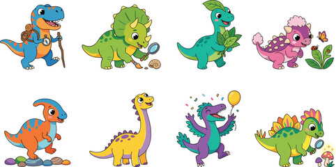 Cute Cartoon Dinosaur Character Vector Set Collection for Kids Education and Nursery Design © Vexora Studio