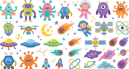 Cute Space Cartoon Icons Collection with Aliens Astronauts Robots Planets Rockets and Galaxy Elements © Vexora Studio