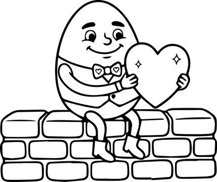 Humpty Dumpty valentine Coloring Page Vector, Cute Egg Character Line Art for Nursery and Kids Activity