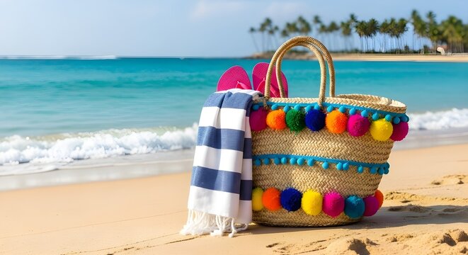 Beach bag with colorful pom poms, striped towel and pink flip flops on a sandy beach with turquoise ocean and palm trees in the background