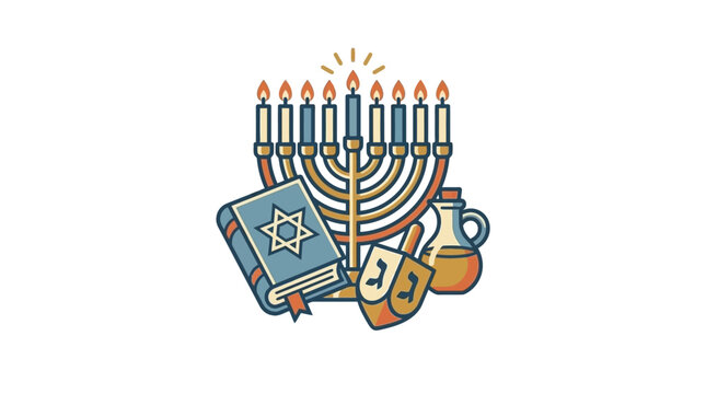 A traditional menorah with a torah scroll and dreidel for Hanukkah celebration