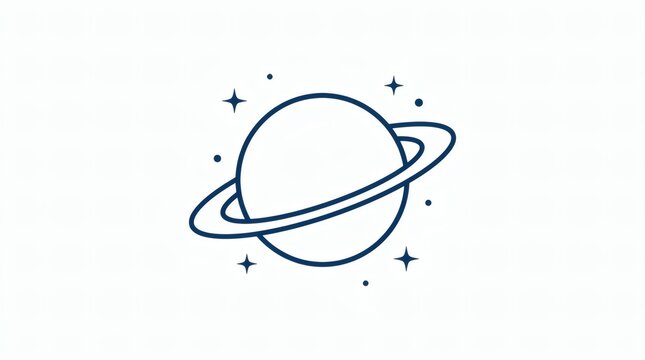 Minimalist planet saturn with ring and stars line art icon isolated on white background
