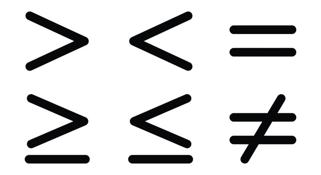 Greater than less than and not equal signs black vector icons on white