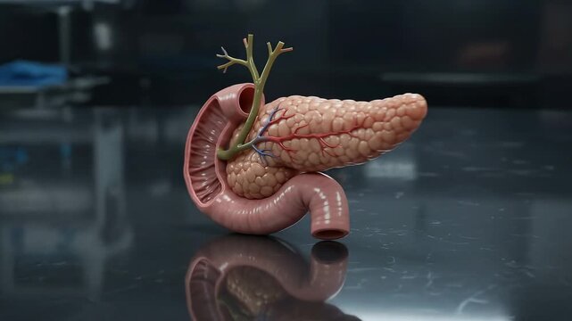 Rotating 3d anatomical model of a human pancreas and duodenum