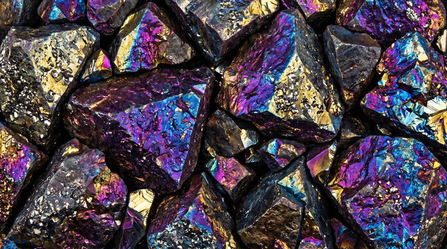 Iridescent raw mineral ore texture, vibrant purple and gold metallic crystal background, abstract geological surface pattern, natural gemstone detail, shiny geological specimen.