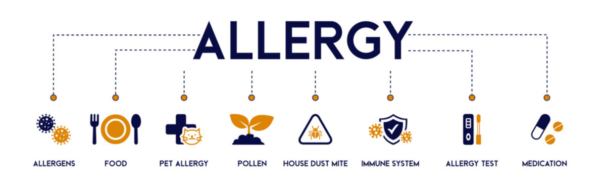 Allergy banner web icon vector illustration concept with icon of allergens, food, pet allergy, pollen, house dust mite, immune system, allergy test and medication