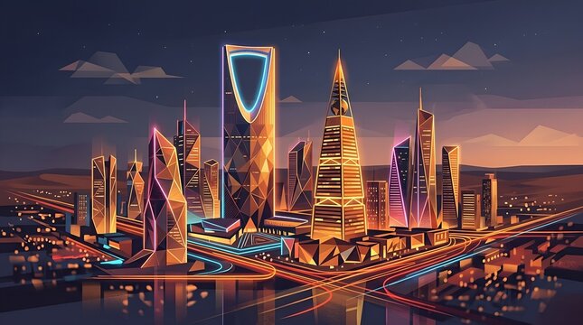 Stylized artistic illustration of Riyadh skyline with geometric shapes and neon accents