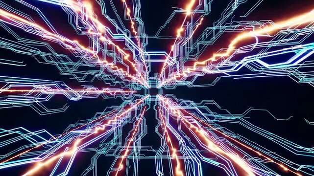 Abstract digital background with glowing circuit lines and electric sparks creating a dynamic visual flow, illustrating technology and innovation in a dark environment