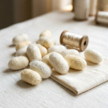 Natural raw silk cocoons with wooden spool of thread and woven fabric