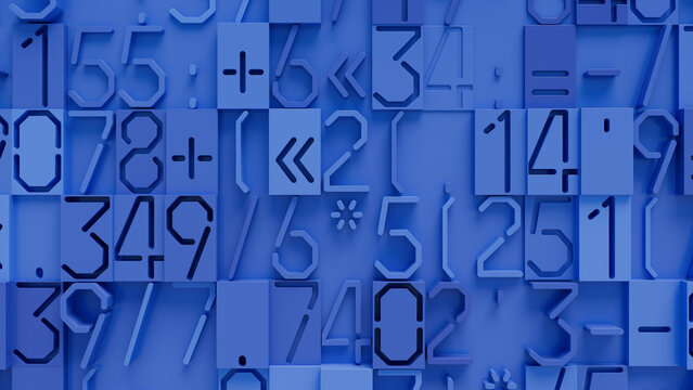 Dynamic Textured Surface of Varied Numbers and Mathematical Symbols in Light Blue on Solid Blue Background, Perfect for Graphic Design and Educational Visuals