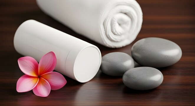 Spa still life with white cosmetic bottle, rolled towel, grey massage stones and a pink plumeria flower on a dark wooden background