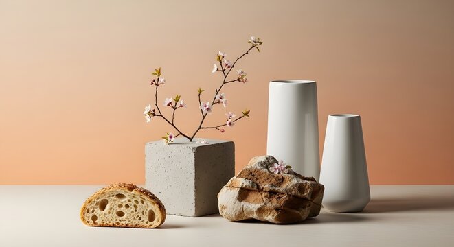 Minimalist still life composition with a slice of sourdough bread, a concrete cube with cherry blossom branches, a rough stone, and two white vases on a soft peach background