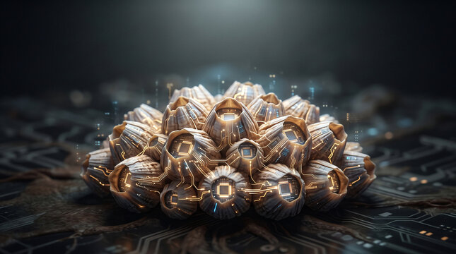 Barnacle cluster transforming into glowing microprocessor array macro nature technology computing concept copy space, close-up