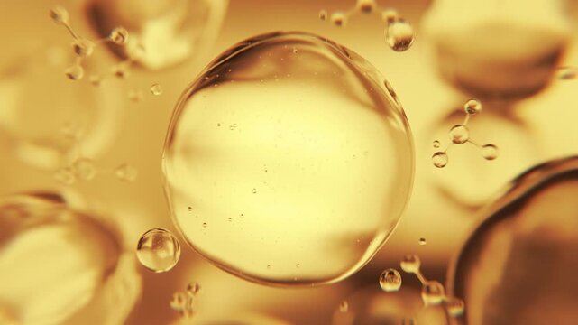 Luxury golden serum liquid bubble. Beauty cosmetics macro 3D abstract background. Bio moisturizer essence gel or oil drop. Collagen fluid molecule. Moisturizing peptide face cream. Skin lifting lotion