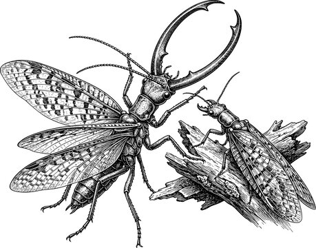 Dobsonfly on Tree Bark, Hand Drawn Black and White Engraving Style Insect Illustration