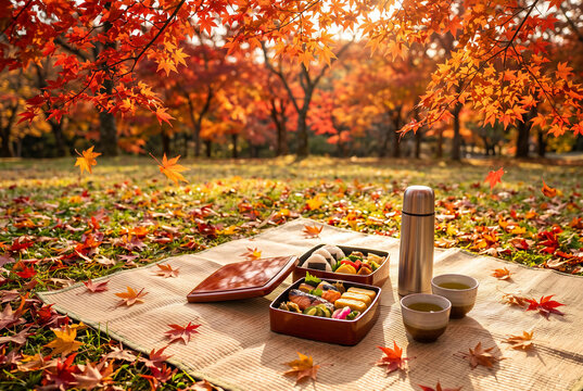 Japanese autumn leaf viewing picnic with bento box under red maple trees momijigari, close-up