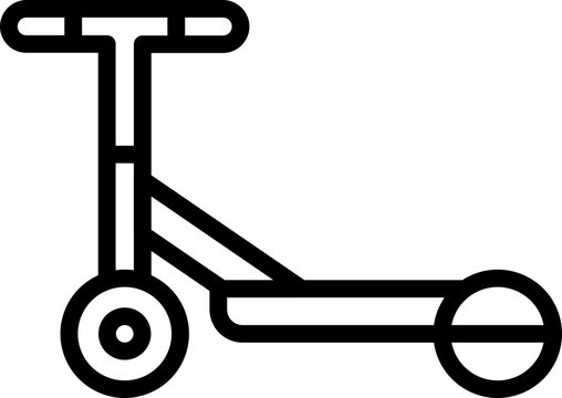 Minimalist black outline icon of a manual kick scooter for urban transportation, recreational city travel, and child play activities