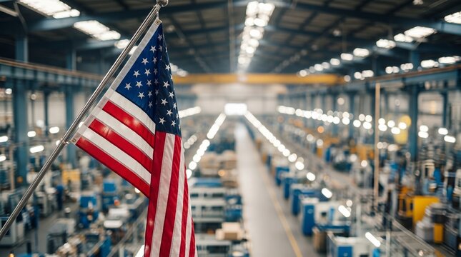 American flag proudly displayed in a bustling, modern factory with machinery and production lines stretching into the distance, symbolizing domestic manufacturing and industry.