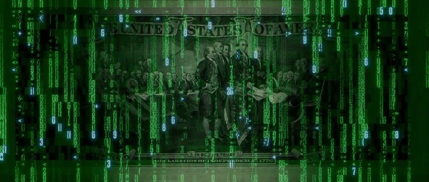 Electronic Money Concept with Two Dollar Bill made from Animated Code. Innovative Finance Background.