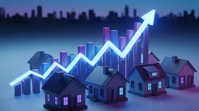 Digital illustration of houses with an upward trending graph and bar charts, symbolizing real estate market growth and investment.