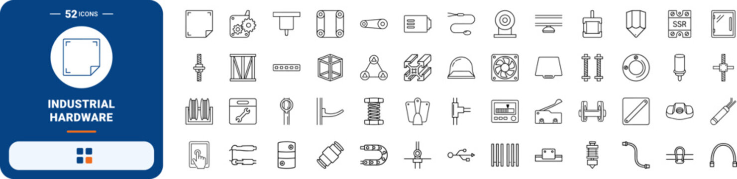 3d printer frame line icon set. Vector pictograms of manufacturing, component, hardware, and engineering elements, thin linear illustration.