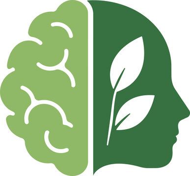 Eco Brain Human Head Profile with Green Leaves and Mental Health Sustainability Concept Icon