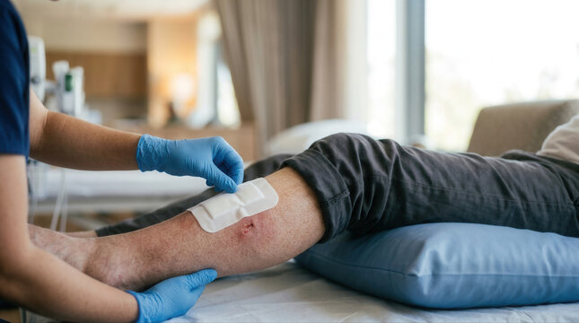 Healthcare worker providing wound care with a bandage to a patient in a medical environment