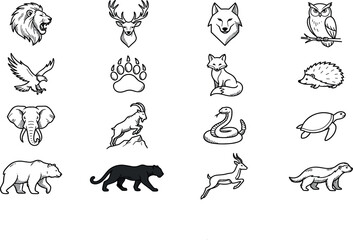 Obraz premium Wild Animals and Forest Wildlife Vector Line Art Icon Set Featuring Lion Deer Wolf Eagle Sea Turtle and Panther Emblems for Corporate Branding