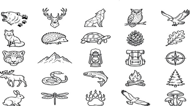 Forest Wildlife and Outdoor Camping Vector Line Art Icon Set Featuring Wilderness Animals Mountains Campfires and Hiking Gear Emblems for Adventure Designs