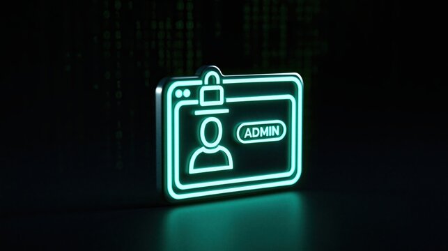 Neon glowing admin ID card icon symbol with digital background