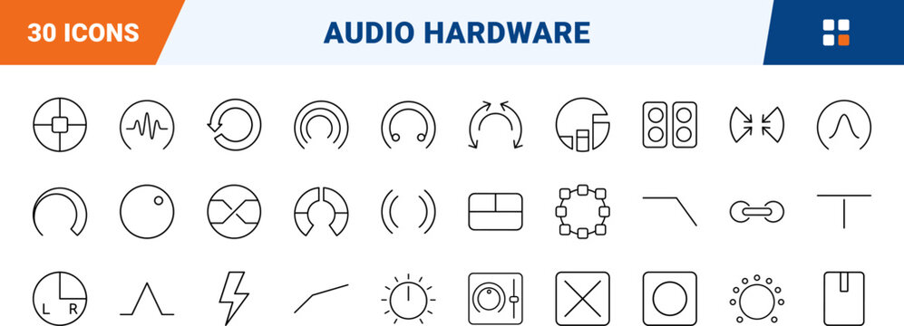 Audio hardware control interface line icon set. Vector pictograms of knobs, sound, studio, and music elements, thin linear illustration.