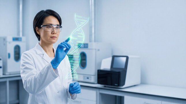 Female scientist in laboratory examining holographic DNA strand, biotechnology research, genetic engineering and medical science innovation.