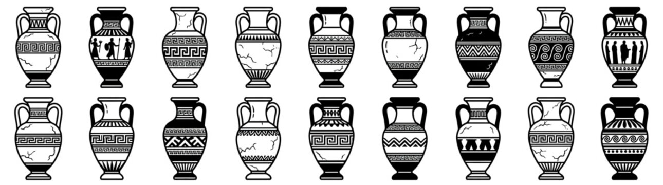 Collection of Ancient Ceramic Amphorae with Decorative Patterns