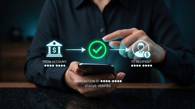 Secure mobile banking payment transaction concept with verified status showing money transfer from account to recipient on smartphone screen interface.