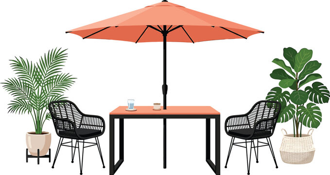 Outdoor patio furniture set with a coral umbrella table and two black wicker chairs isolated on white background vector