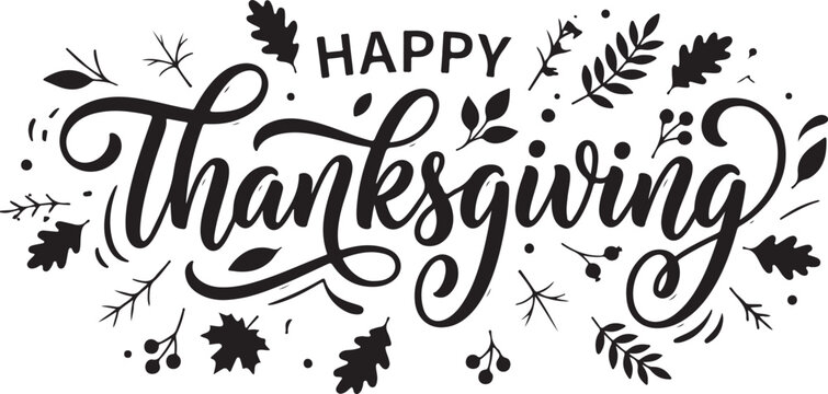 Elegant thanksgiving calligraphy 'happy thanksgiving' with autumn leaves festive holiday greetings