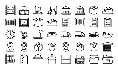 Fototapeta premium Warehouse Management and Shipping Outline Icons Collection for Storage Logistics Vector Design