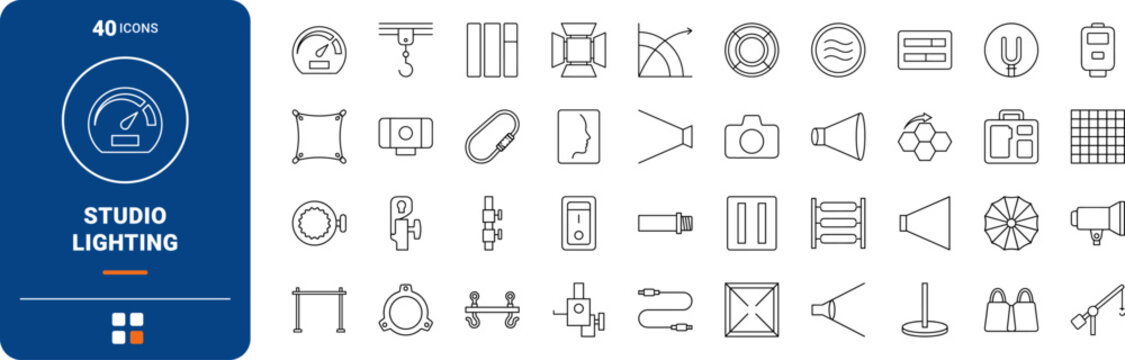 Photography studio lighting line icon set. Vector pictograms of modifier, grid, softbox, and portrait elements, thin linear illustration.