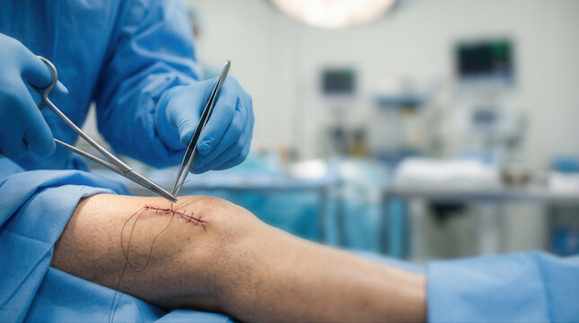Surgeon conducting knee surgery on a patient in a contemporary operating room environment