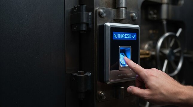 Person scanning finger on biometric access control reader to open bank vault door