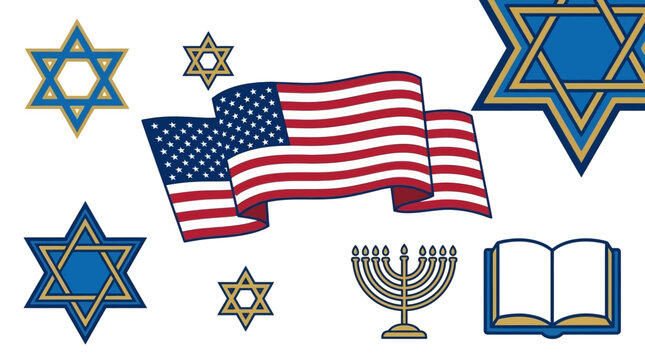 Vector illustration of American flag with Jewish symbols including Stars of David and a menorah