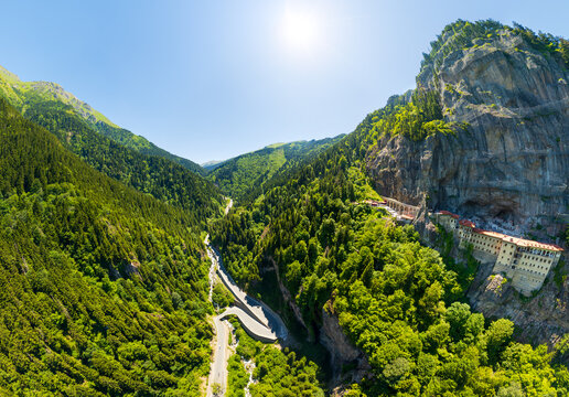 Altindere, Trabzon Province, Turkey. Sumela Monastery. Altinder Valley Park. Panoramic views during the day. Flying through the valley. Coniferous forest on the slopes. Aerial view