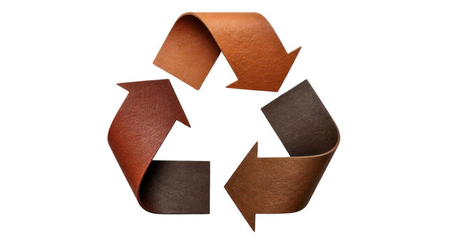 Rustic leather recycling symbol arrows arranged in triangular loop on Transparent Background