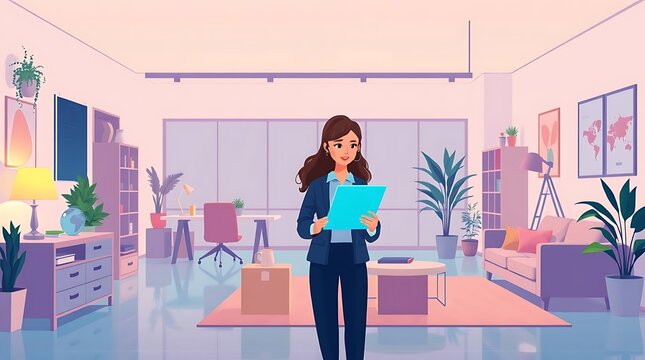 Flat art illustration of a young businesswoman in a startup office, open workspace, casual furniture, laptop, tablet. Modern flat design, simple two-dimensional shapes