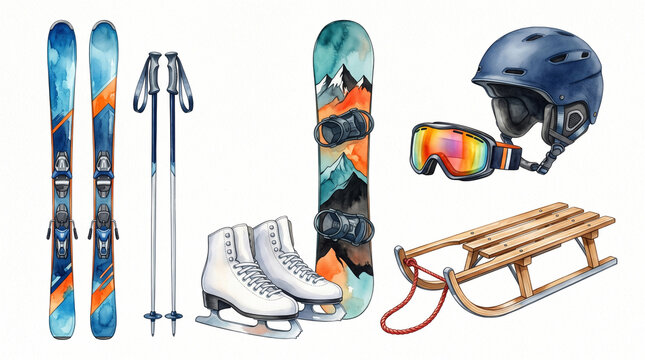 Watercolor illustration of winter sports gear. Christmas holiday ski and snowboard equipment.