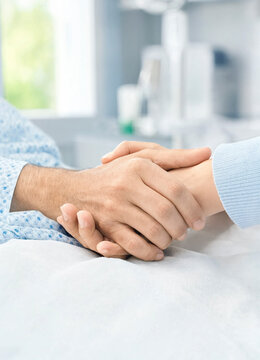Patient and caregiver hold hands in a comforting gesture on a hospital bed. The image conveys care, support, and compassion in a clinical setting.
