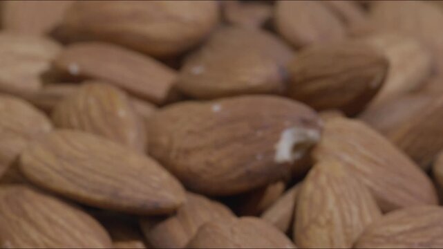 Macro rack focus transition shot shifting focus to reveal a pile of fresh raw almonds, highlighting dry fruit texture, crunchy healthy food, and organic agriculture product.