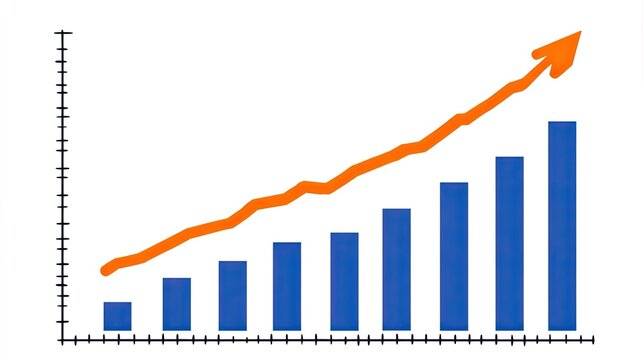 Blue bar chart with upward orange arrow on grid.