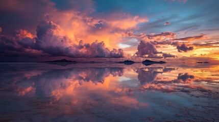 Fototapeta premium A breathtaking reflection of a vibrant sunset sky with colorful clouds on calm water creates a stunning panorama of light and nature.