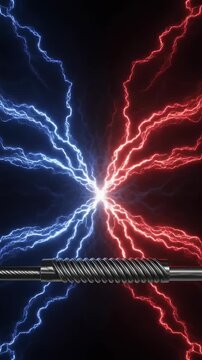 Cinematic 3D animation showing a wide panoramic view of a metal conductor being hit by a mas